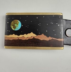 Vintage Brass Buckle Wood Inlay, Turqouise Moon
